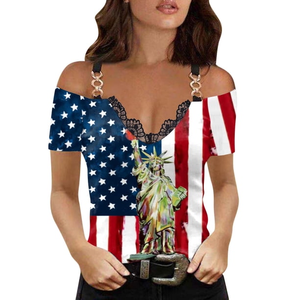 Moda Mujer Causal V-Cuello Día de la independencia Blusa con estampado de encaje Camiseta de manga corta Tops de verano Fridja hjk4223