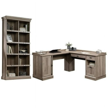 Home Square L Shaped Computer Desk with 10-Cubby Bookcase, Salt Oak