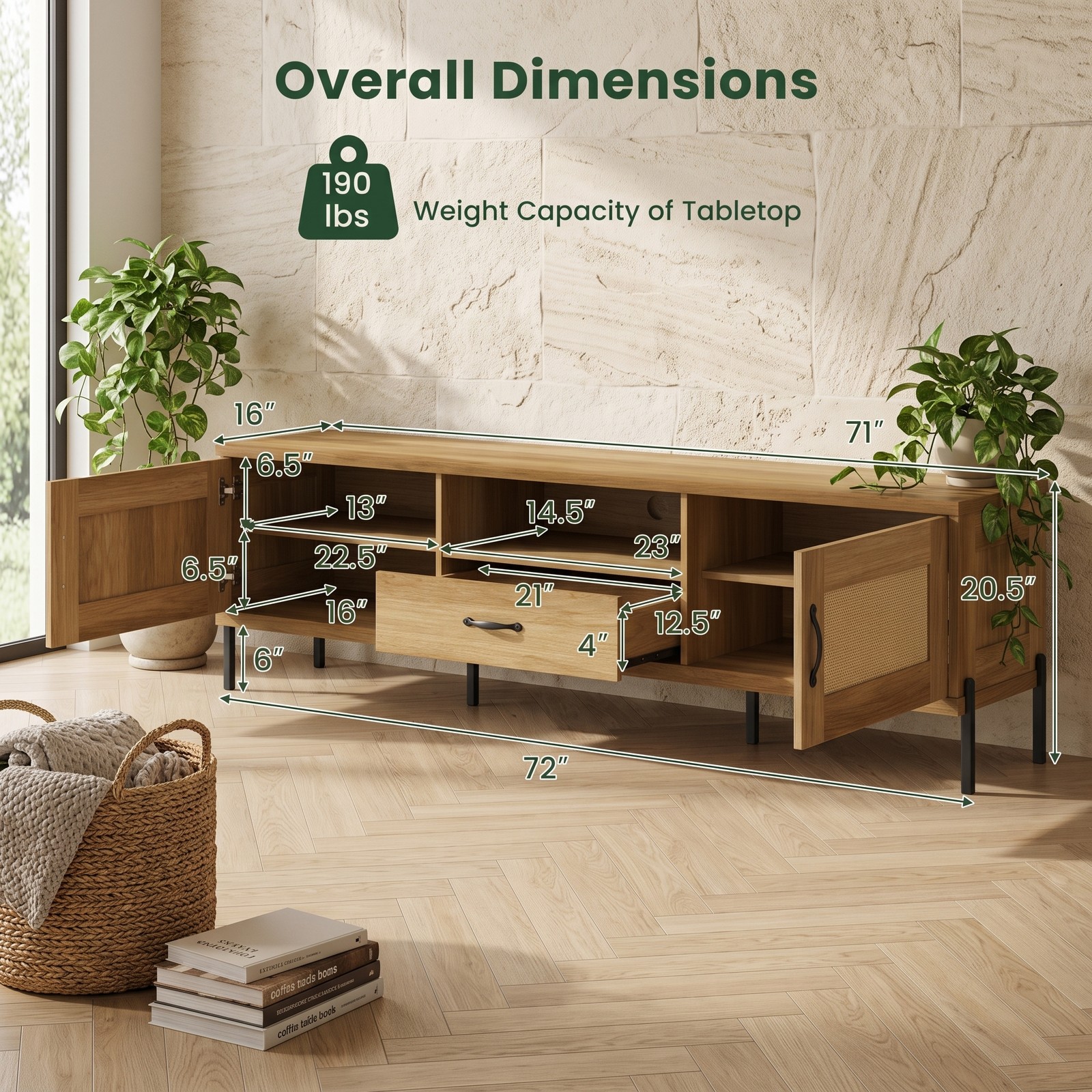 Furnibear Rattan TV Stand for TVs up to 80 Inches, Mid Century Modern Media Console Table with 2 Storage Cabinets, Adjustable Shelves and Open Compartment for, Natural