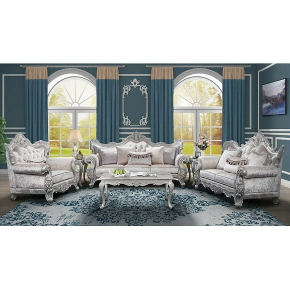 Melrose 5PC Living Room Set with Wood in Silver | Configurable & Luxurious