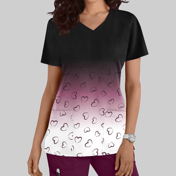 Shiyifun Graphic Scrubs for Women Summer Fashion Loose Fit Gradient Color Short-Sleeve V Neck Tops with Heart Printed, Red, XXL