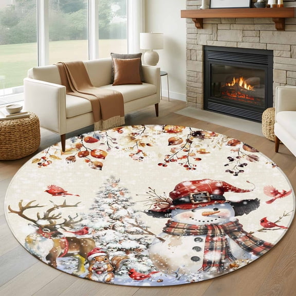 Round Rugs 7 Ft, Snowman Christmas Non Slip Area Rugs for Kitchen Bedroom Entryway, Xmas Tree Eucalyptus Leaves Snowflake Elk Washable Carpet Runner Rug Floor Mats for Bedroom Home Decor