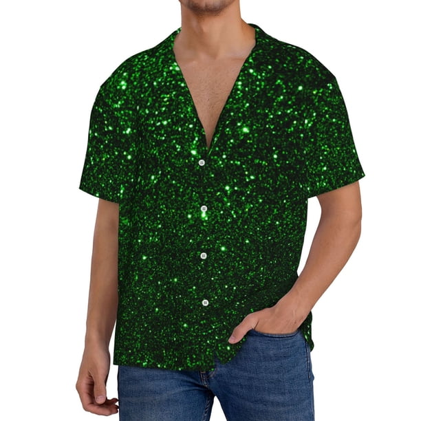 Balery Green Sparkling Camisa Casual de Manga Corta con Botones para Hombre, Texturizada, Estilo Cubano, para Playa, Verano-3X-Large