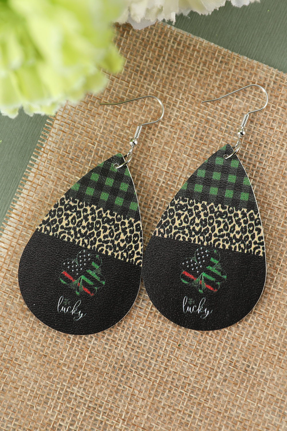 GCKG Black Plaid Leopard Lucky Clover Print Earrings