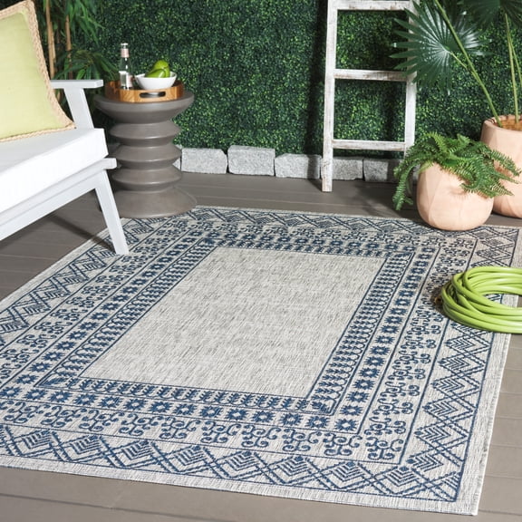 SAFAVIEH Courtyard Emmett Bordered Indoor/Outdoor Area Rug, Grey/Navy, 6'7" x 9'6"