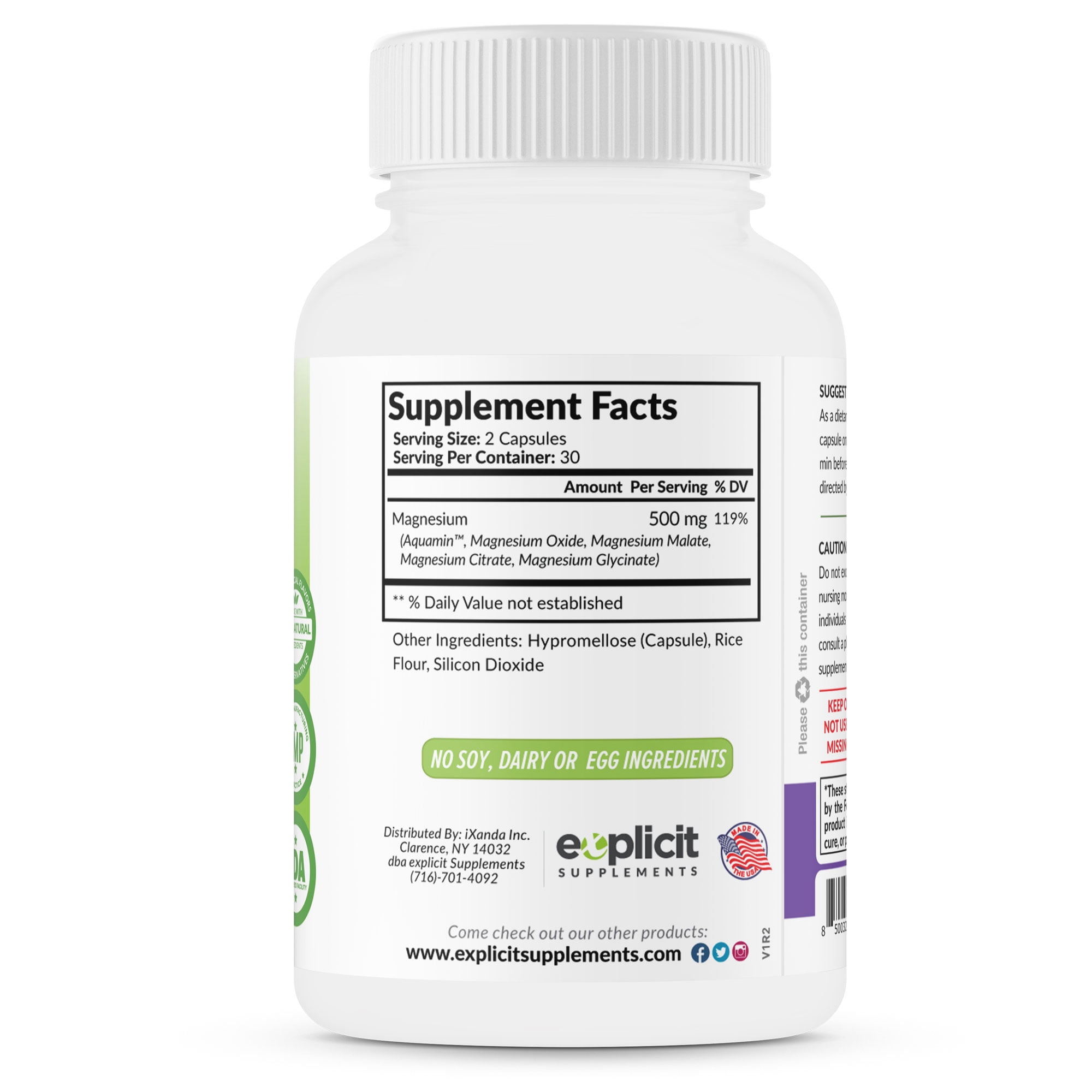 Quad Magnesium Complex Supplement - 500mg of Magnesium Glycinate, Malate, Oxide & Citrate for Support of Muscles, Sleep, Energy & Relaxation - High Absorption with Aquamin - 60 Capsules