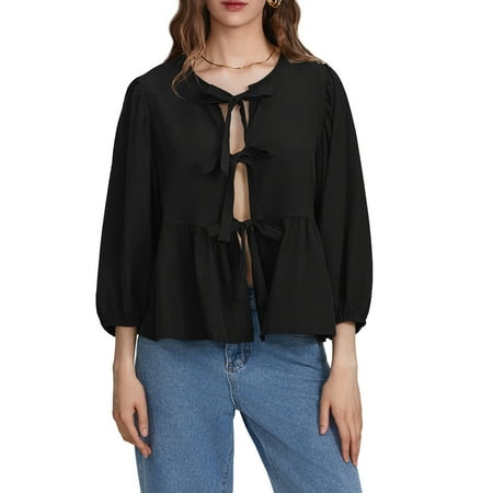 JBEELATE Women Bow Tie Front Shirt Top Cute Puff Sleeve Y2K Peplum Ruffle Babydoll Blouse Lace Up Summer Going Out Tops
