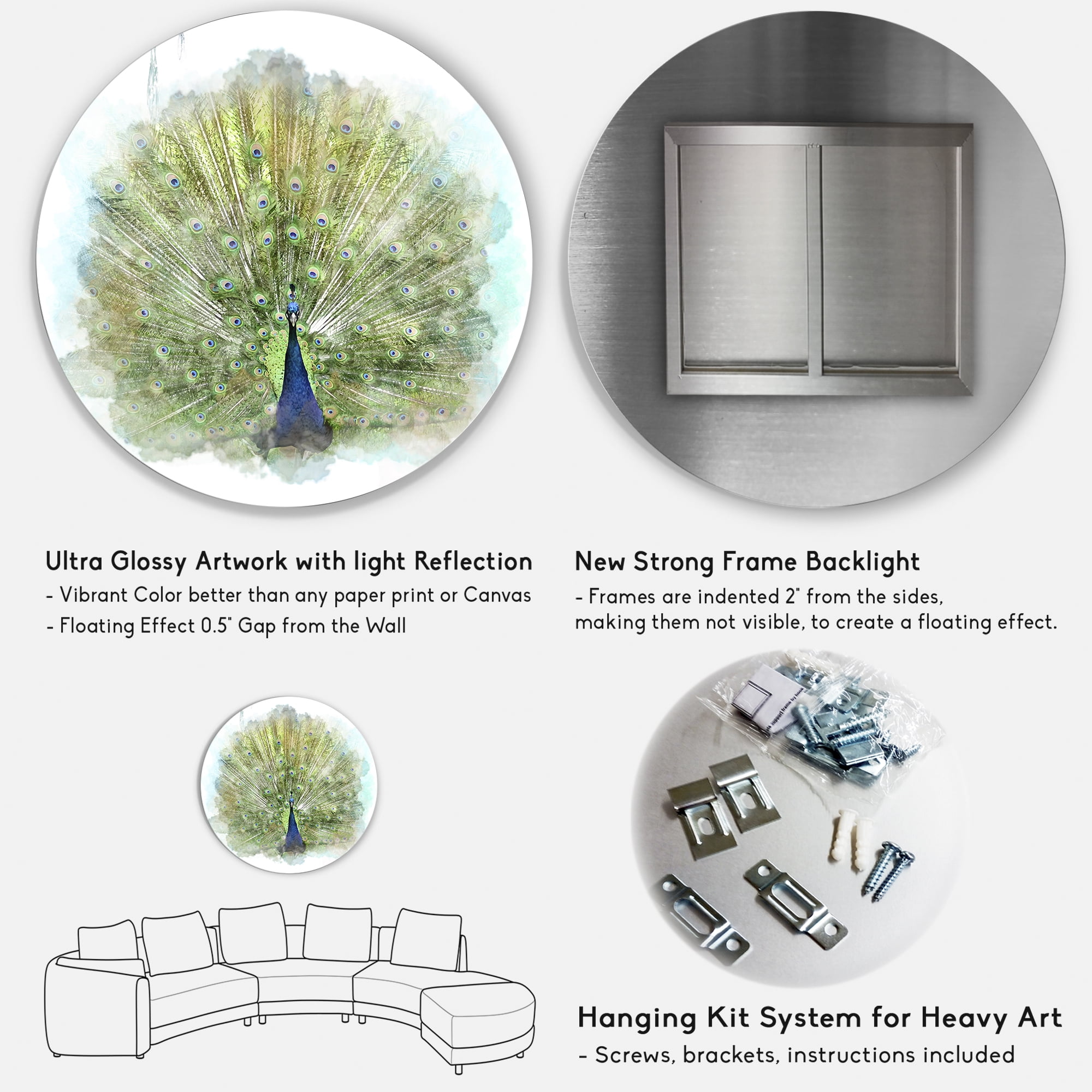 Designart 'Dancing Peacock Bird' Traditional Circle Metal Wall Art 29x29 - Disc of 29
