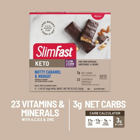 SlimFast Keto Nutty Caramel and Nougat Meal Replacement Bar 5 - 1.69 oz Meal Bars