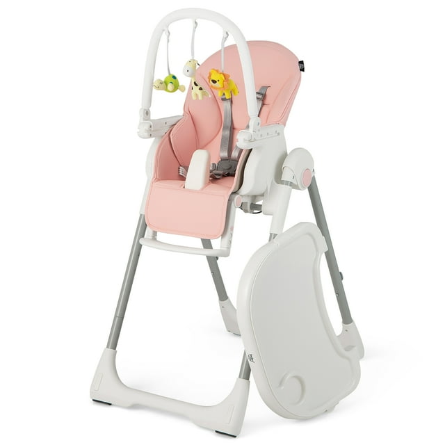 Babyjoy Trona de Bebé 4 en 1, Silla de Alimentación Plegable con 7 Alturas, Reposapiés Retráctil, Ruedas Bloqueables, Cojín Extraíble, Barra de Juguetes y Bandeja Doble para Niños Pequeños
