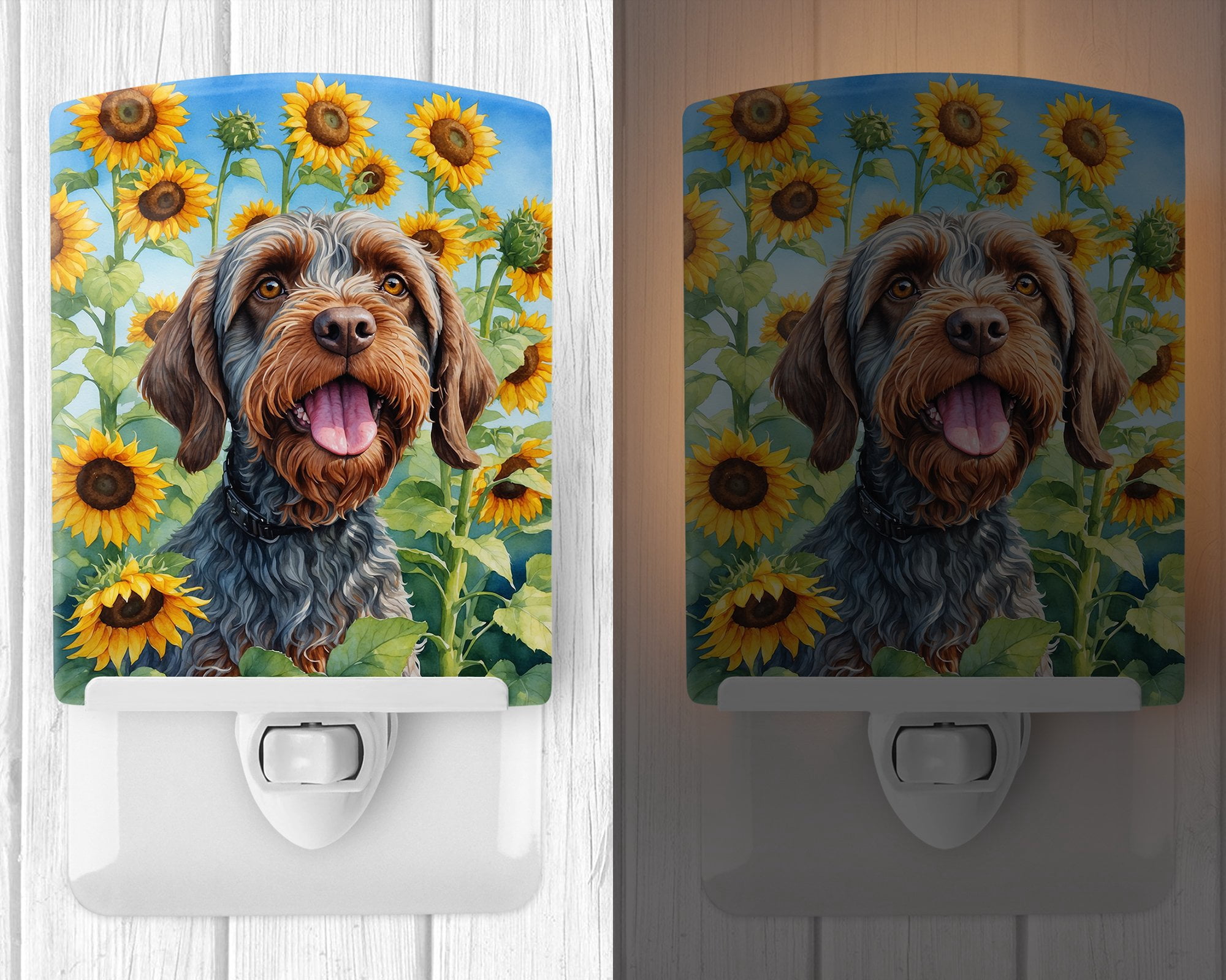 Wirehaired Pointing Griffon in Sunflowers Ceramic Night Light 4 in x 6 in
