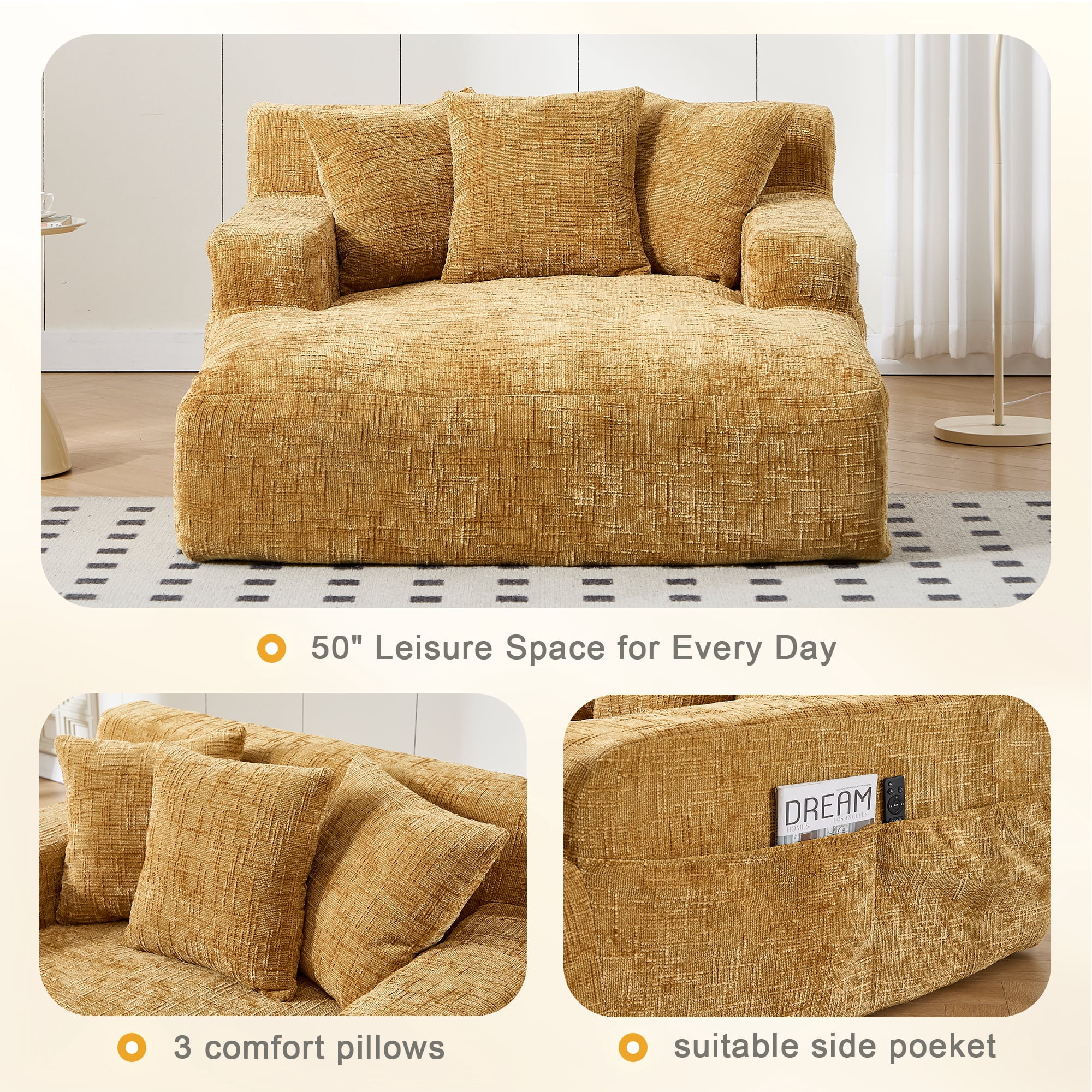 MOONMISS Oversized Chaise Lounge Chair Indoor Furniture, No Assembly Required, Plush Chenille Cloud Floor Sofa Bed for Living Room,Yellow