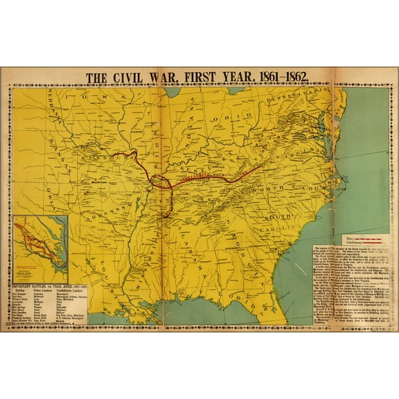 24"x36" Gallery Poster, map of civil war first year 1861-1862 pub 1919