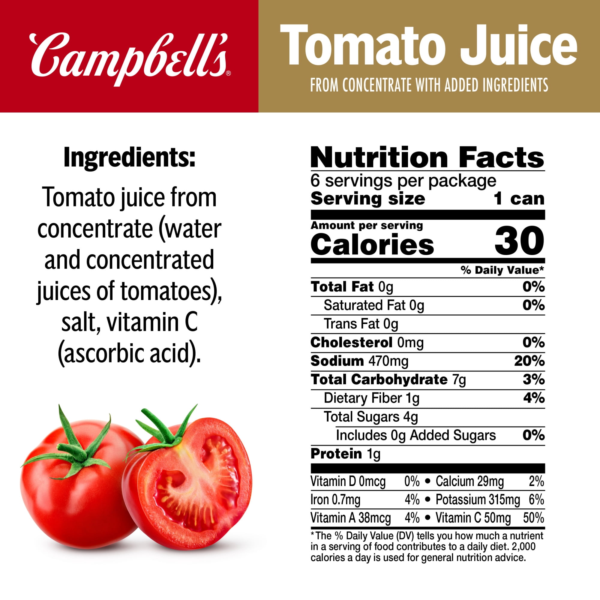 (8 pack) Campbell's 100% Tomato Juice, 5.5 fl oz Can, 6 Count