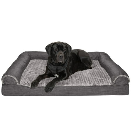 UPC: 0842229126457 | FurHaven Pet Products Luxe Fur & Performance Linen Cooling Gel Memory Foam Sofa-Style Pet Bed for Dogs & Cats – Charcoal Jumbo Plus