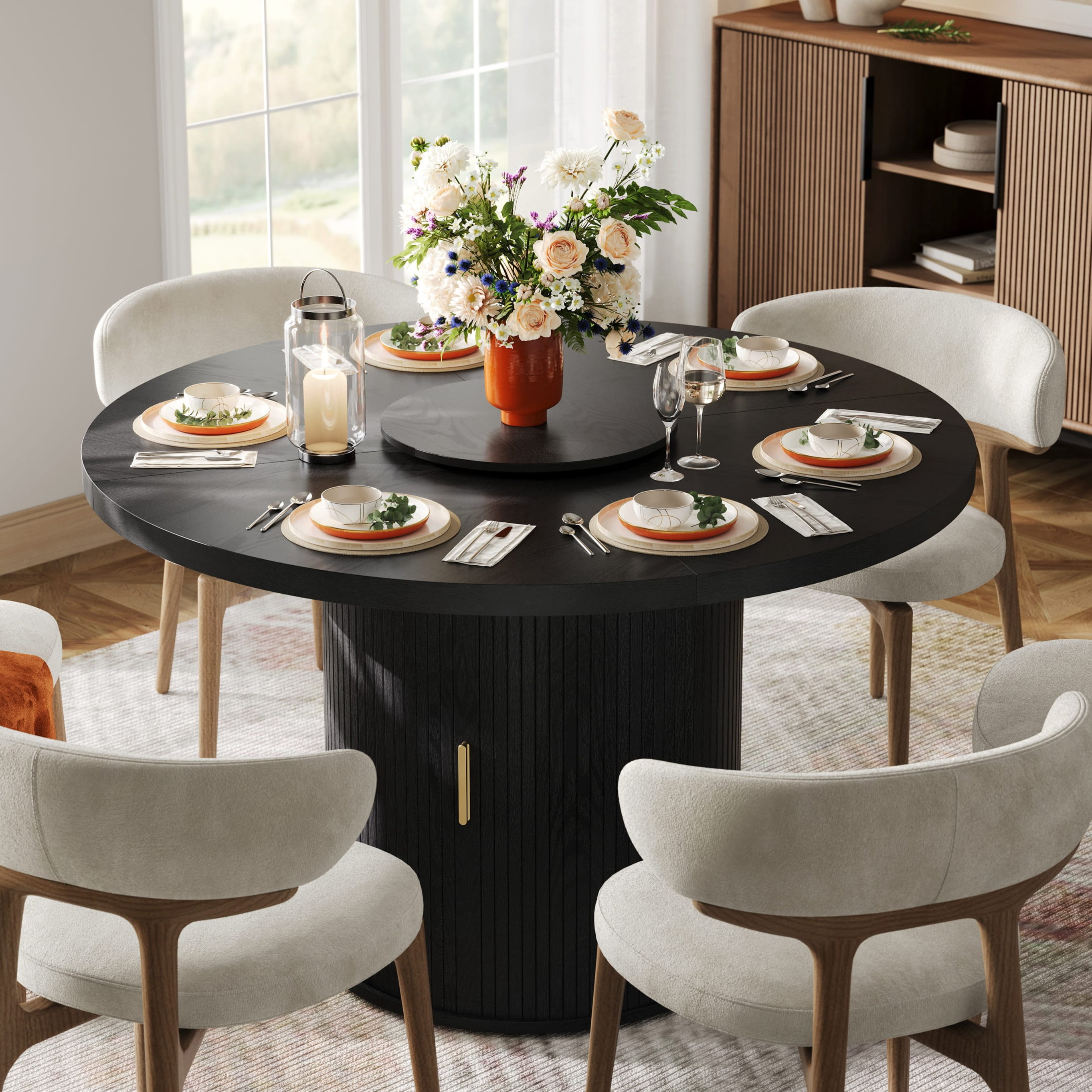 CHIC HOUSE 47" Round Dining Table with Storage Shelf, Farmhouse Fluted Kitchen Table with Removable Lazy Susan & Sliding Doors for Dining Room, Black