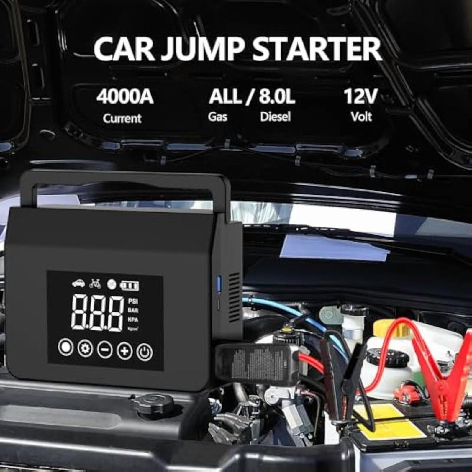 Portable Car Jump Starter with Air Compressor,4000A Car Battery Jump Starter (ALL Gas/7.0L Diesel) with 150PSI Tire Inflator, 12V Car Battery Jump Power,15000mAh Power Bank With LED Light