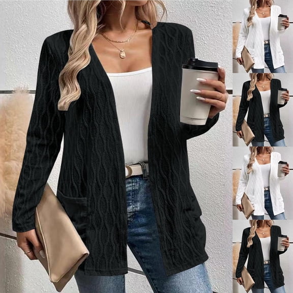 Frostluinai Jacquard Cardigans for Women Long Sleeve Open Fornt Knit Sweaters Solid Lightweight Jackets Casual Jackets with Pockets