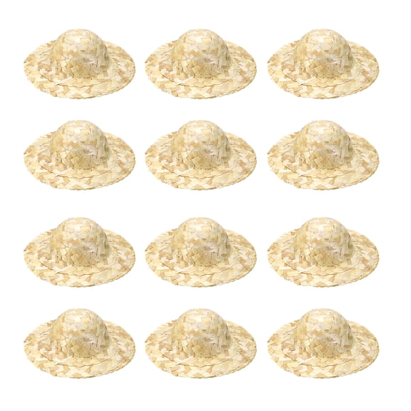 Uxcell 12 Pcs Mini Straw Hats 5.1 Inch Knitting Miniature Straw Hats Tiny Dollhouse Mini Cowboy Cute Woven Cap for DIY Craft Costume Decoration Jewelry Accessory, Wooden Color