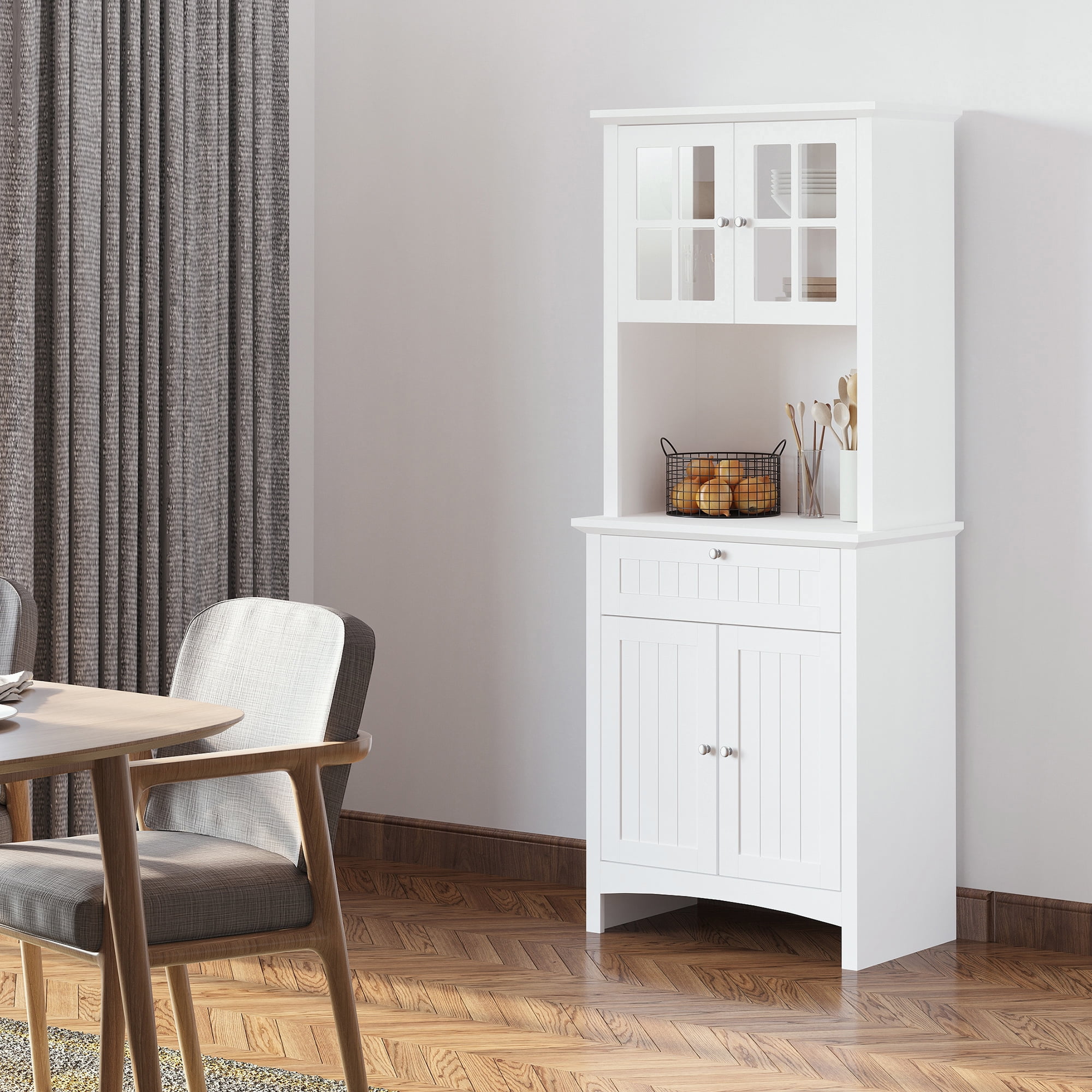 HOMCOM Elegant Buffet with Hutch, Kitchen Pantry Storage Cabinet with Framed Glass Door Drawer and Microwave Space, White