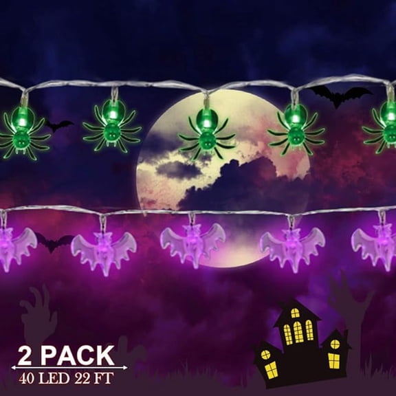 Twinkle Star 2-Pack Halloween Lights, 40 LED 22 FT Purple Bat and Green Spider String Light Battery Operated Indoor Holiday Party Home Decoration