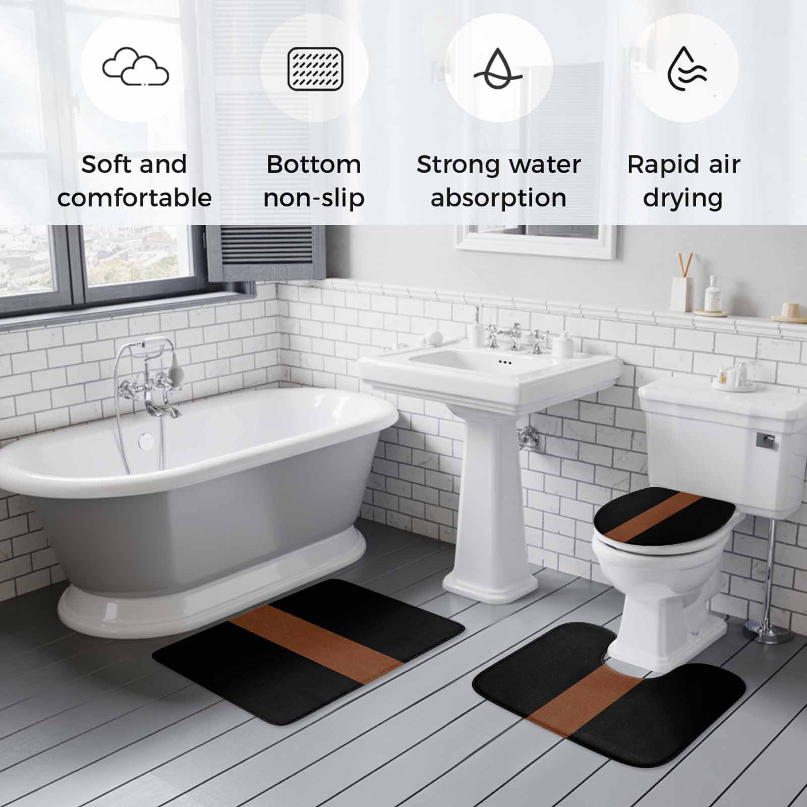 Black Brown Bath Mat 3 Piece Bathroom Rug Set, Contemporary Boho Modern Art Non Slip Bath Rug Contour Mat and Toilet Lid Cover, Absorbent Shower Mats Soft Bath Rugs and Mats Sets