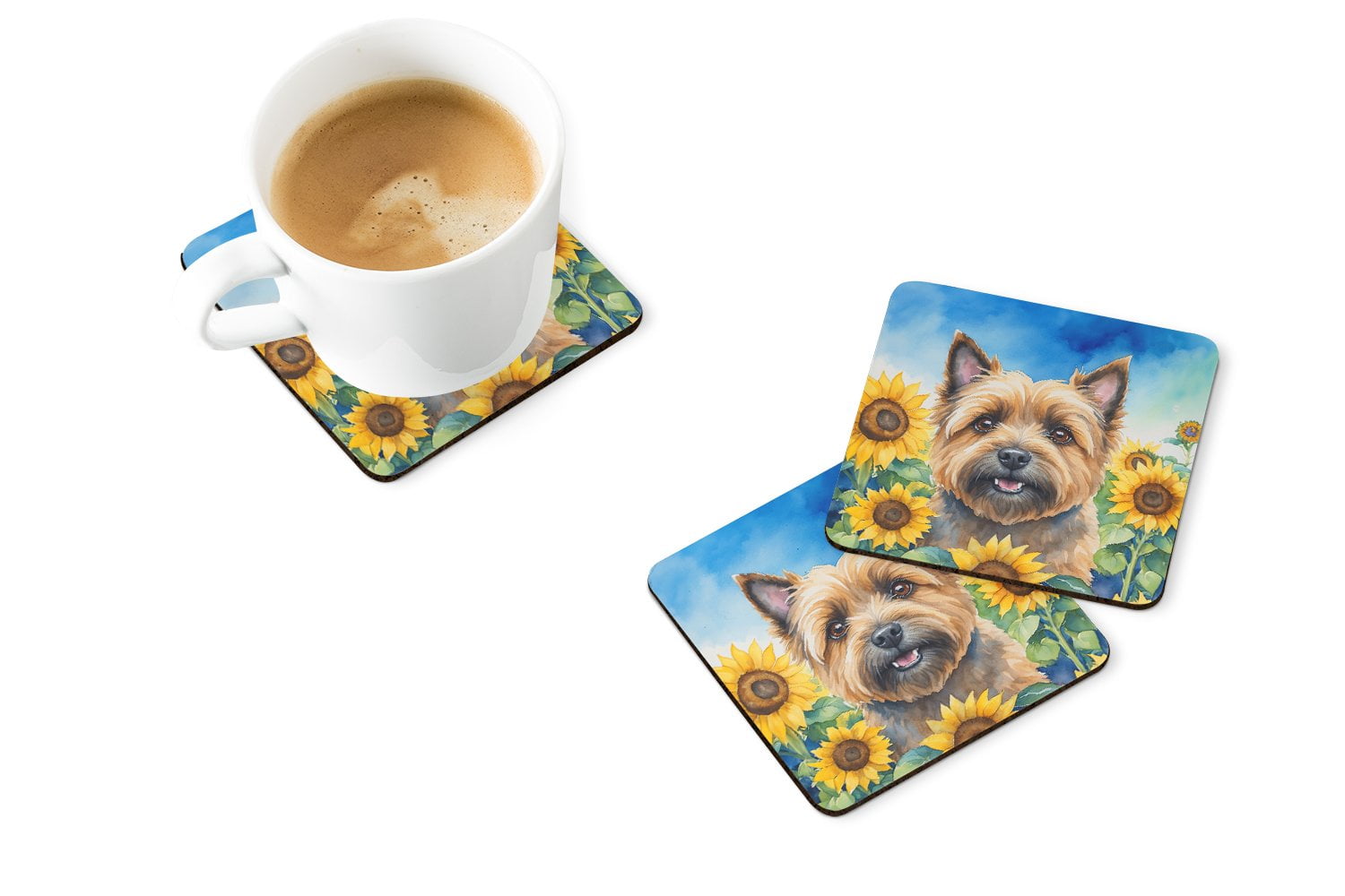 Cairn Terrier in Sunflowers Foam Coasters 3.5 in x 3.5 in