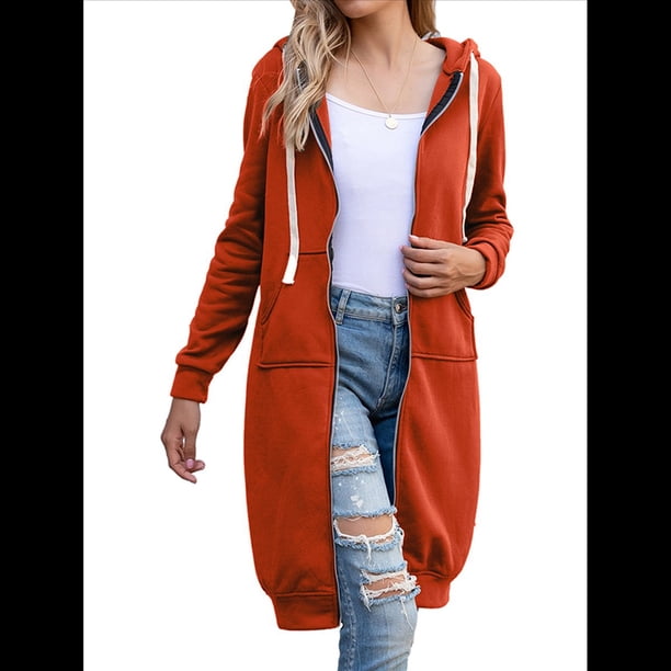 Sudadera con Capucha y Cremallera para Mujer, Chaqueta Informal de Larga para Otoño, Chaquetas Largas de Otoño con Bolsillos, Túnica Naranja M