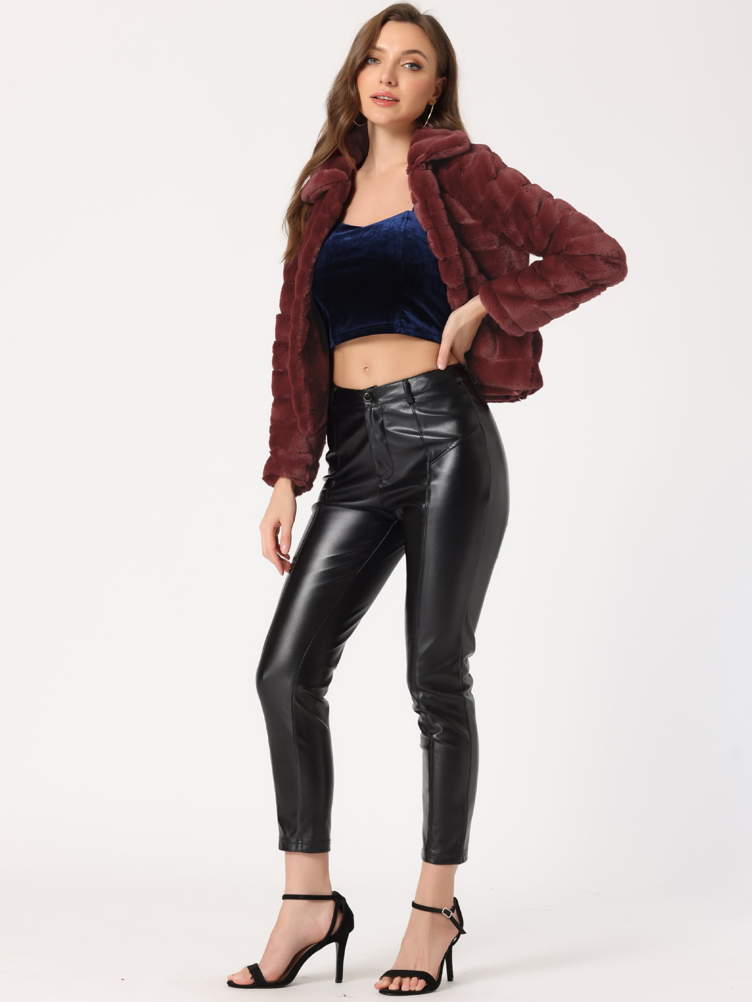 DARING DIVA Women's Faux Fur Fluffy Coat Collar Cropped Jacket M Burgundy