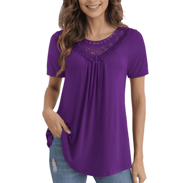 FOLUNSI Women's Plus Size Summer Tops Short Sleeve Lace Pleated Blouses