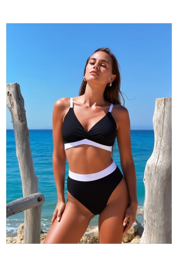 Women's Rose Red & Pink Color Block High-Waisted Bikini Set - Backless Two-Piece Swimwear for Hot Spring & Beach