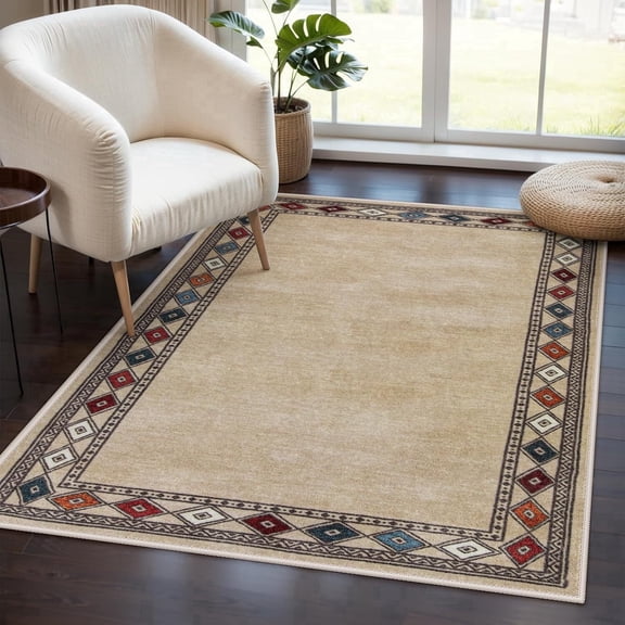 RUG ROBOT Modern Bordered Machine Washable Rug, Ultra-Thin Soft 3x5 Rugs for Entryway Bedroom, Non-Slip Stain Resistant Small Carpet for Laundry Entry (3'x 5',Beige)