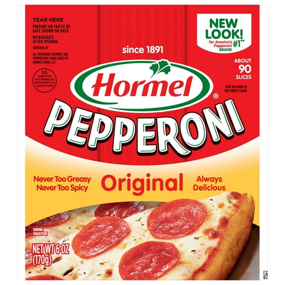 HORMEL Pepperoni, Pizza Topping, Gluten Free, Original, Refrigerated, 6 oz Plastic Resealable Package