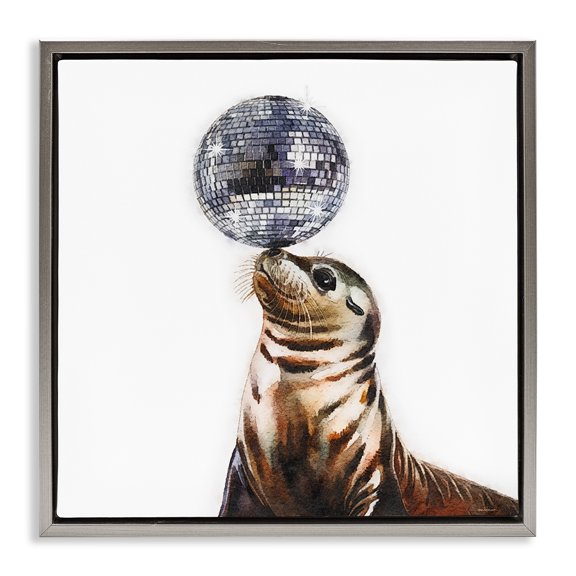 Stupell Industries Eclectic Seal Balancing Disco Ball Gray Floating Frame Canvas Art, 18 x 18, by Amanda Greenwood