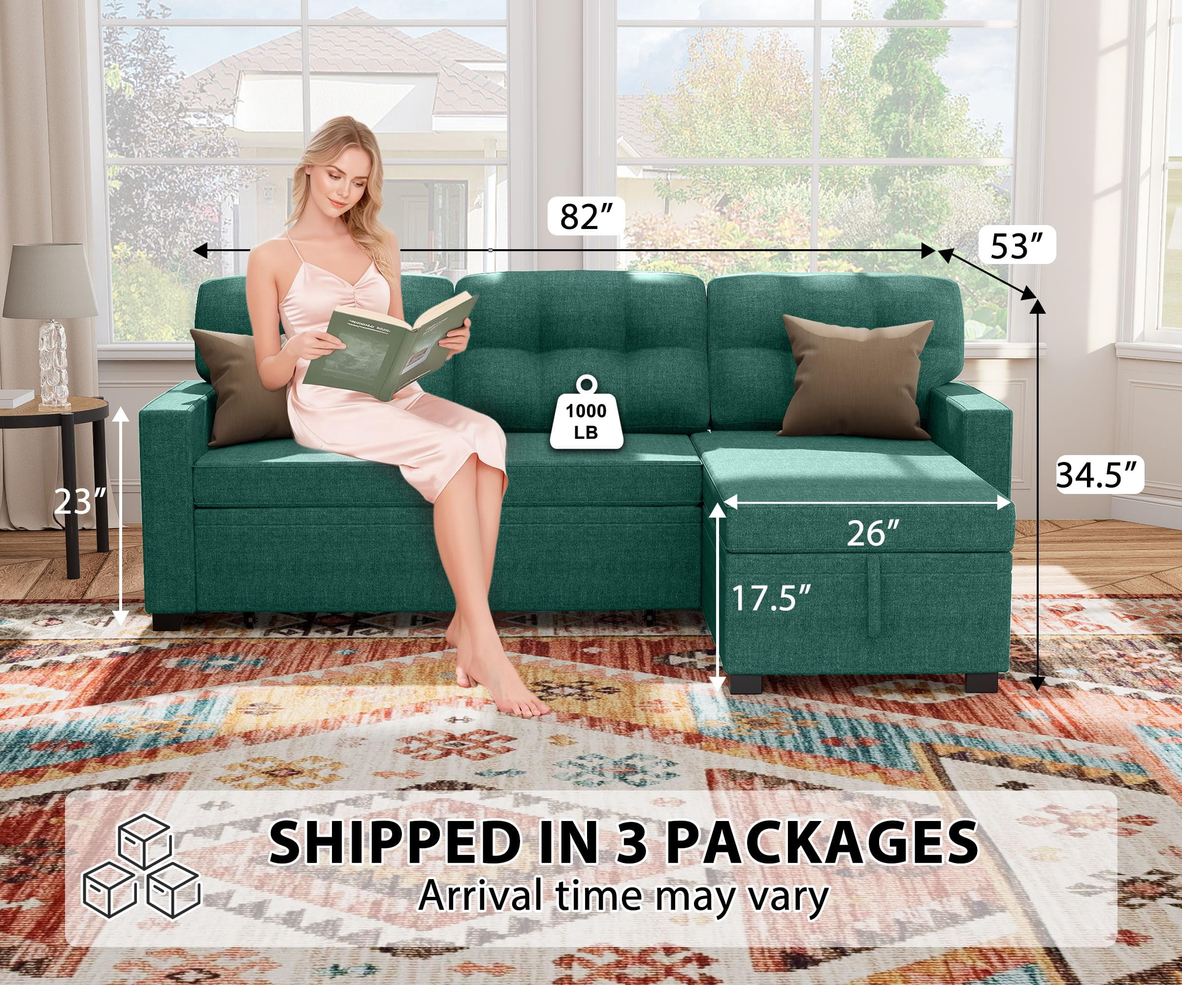 Reversible Sectional Sleeper Sofa with Storage Chaise – Modern Linen Pull-Out Bed, Hidden Storage & Removable Backrest for Living Rooms