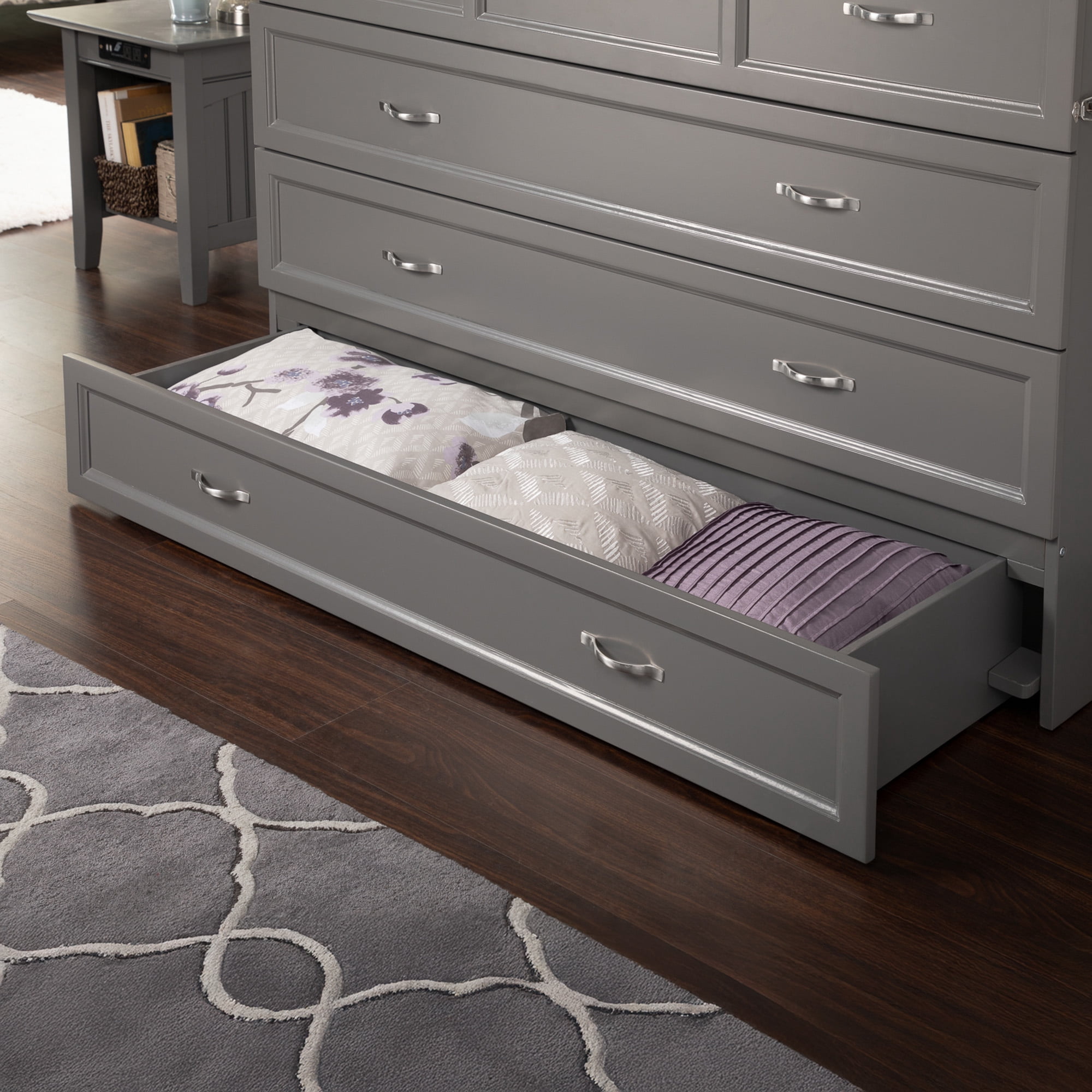 AFI Deerfield Queen Solid Wood Murphy Bed Chest with Mattress, Drawer & Charger in Gray