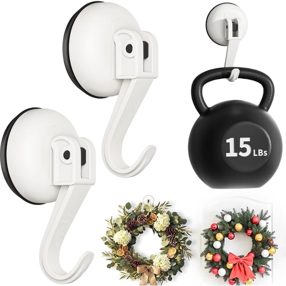 2 Pack Wreath Hangers for Front Doors, Heavy Duty Reusable Suction Cup Hooks, No Drill, Fits Windows, RV, Bedroom, Bathroom and Home, White