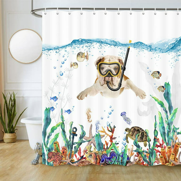 Funny Diving English Bulldog Fabric Shower Curtain, Coral Reef Fish Turtle  Octopus Starfish Shower Curtain for Bathroom, Cute Pet Animal Shower Curtain  with Hooks 69 x 70 Inch 