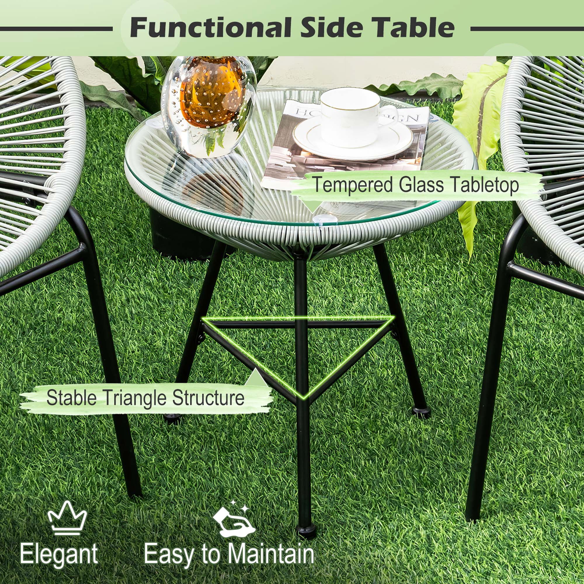 Costway 3PCS Patio Acapulco Furniture Bistro Set Plastic Rope Glass Table Grey