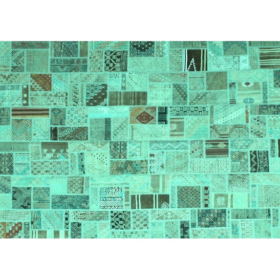 Ahgly Company Machine Washable Indoor Rectangle Patchwork Turquoise Blue Transitional Area Rugs, 6' x 9'