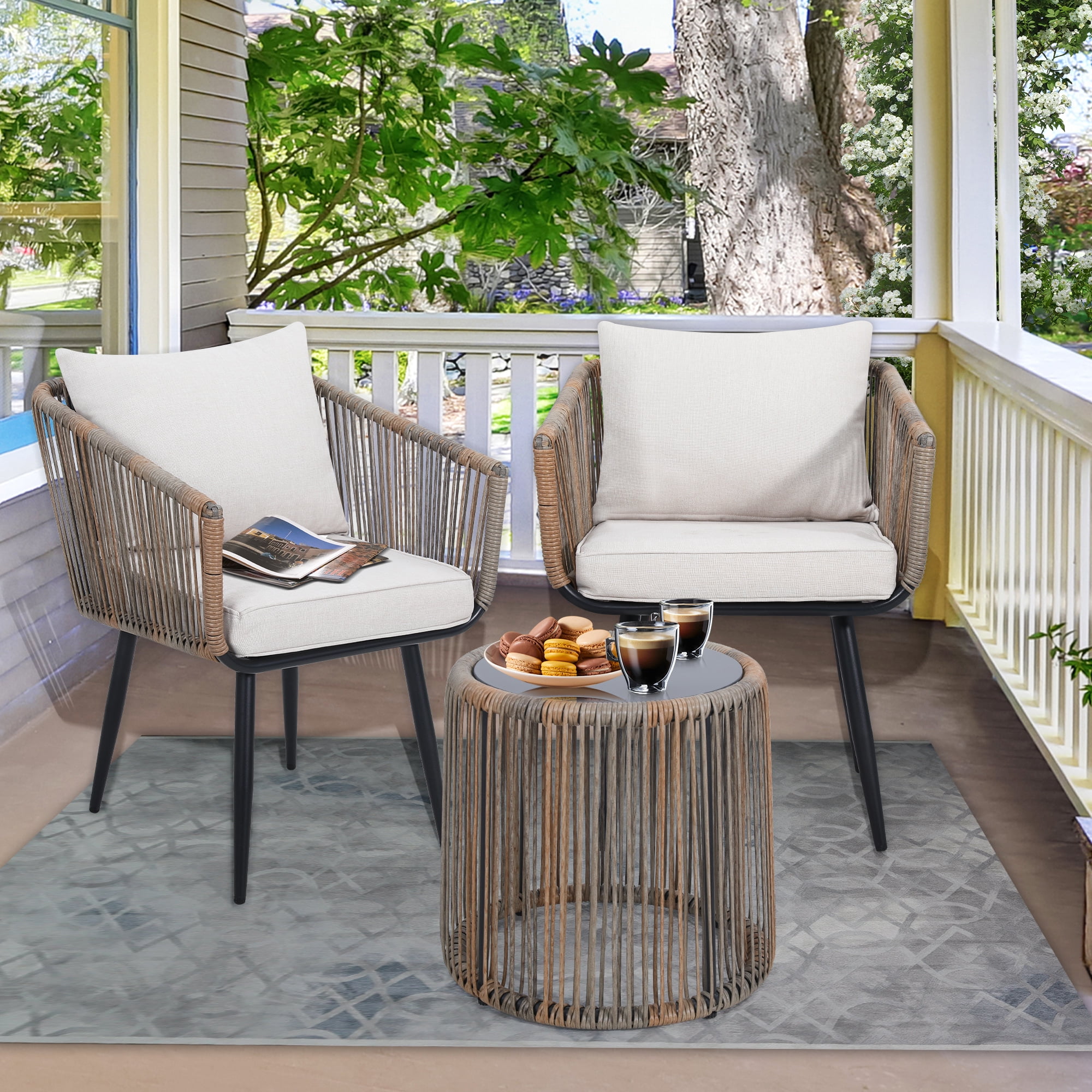 LOGYAT 3 Piece Patio Rattan Bistro Conversation Set, Outdoor All Weather Wicker Furniture Chair Set with Glass Tabletop for Balcony, Porch and Backyard, Beige