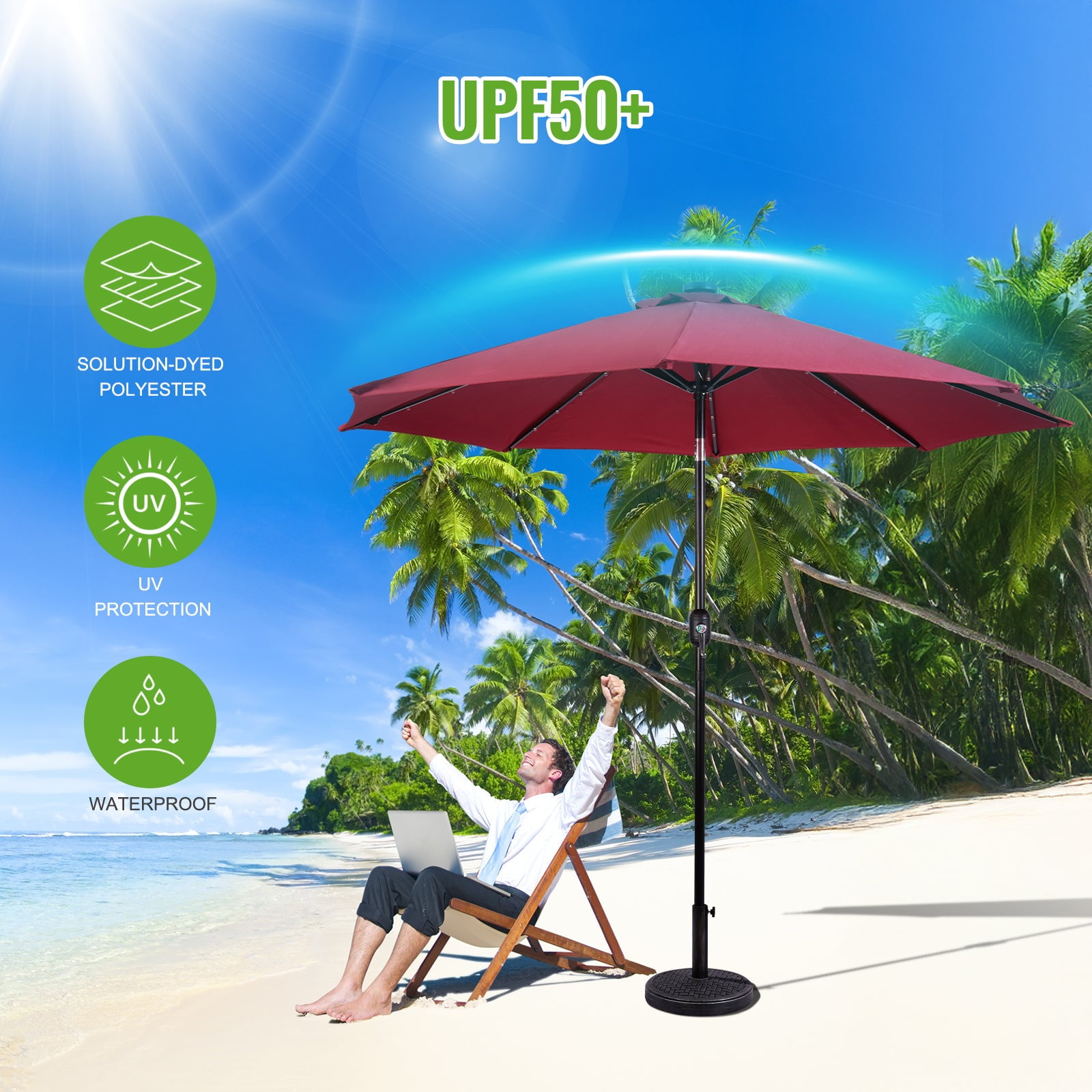 Backyard Expressions 9ft Solar Patio Umbrella with 32 LED Lights – Outdoor Market Umbrella with Tilt & Crank, Solar-Powered Lighting, Water-Resistant Fabric for Patio, Deck, Garden, Pool