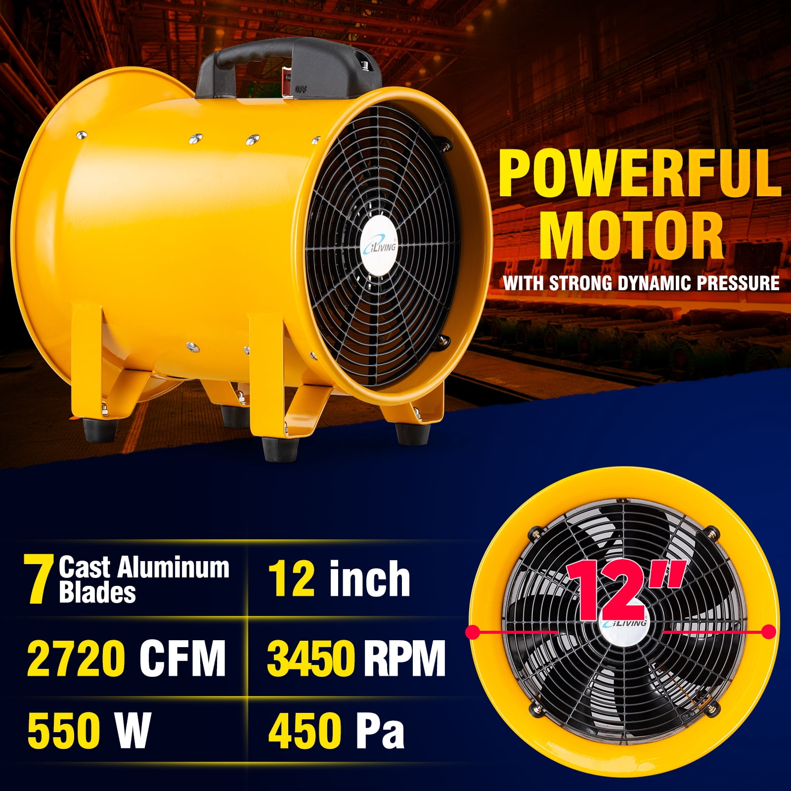 iLIVING 12 inch Utility Blower Exhaust Warehouse Ventilator Fan, 550W, 3450RPM