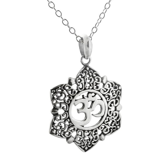 Sterling Silver Lotus Flower Om Necklace, 18" Chain