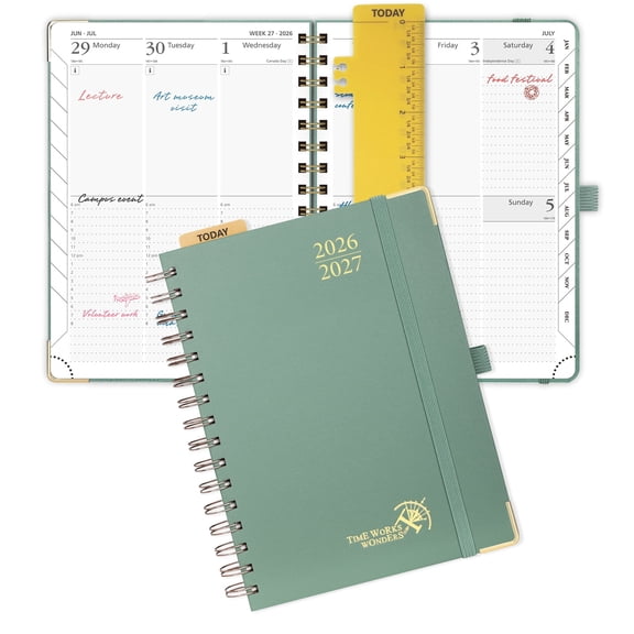POPRUN Academic Planner 2026-2027, 6.25" x 8.5", (Jul.26-Jun.27) Weekly and Monthly Calendar with Hourly Time Slots, Spiral Hard Cover, 100 GSM Paper - Midnight Green