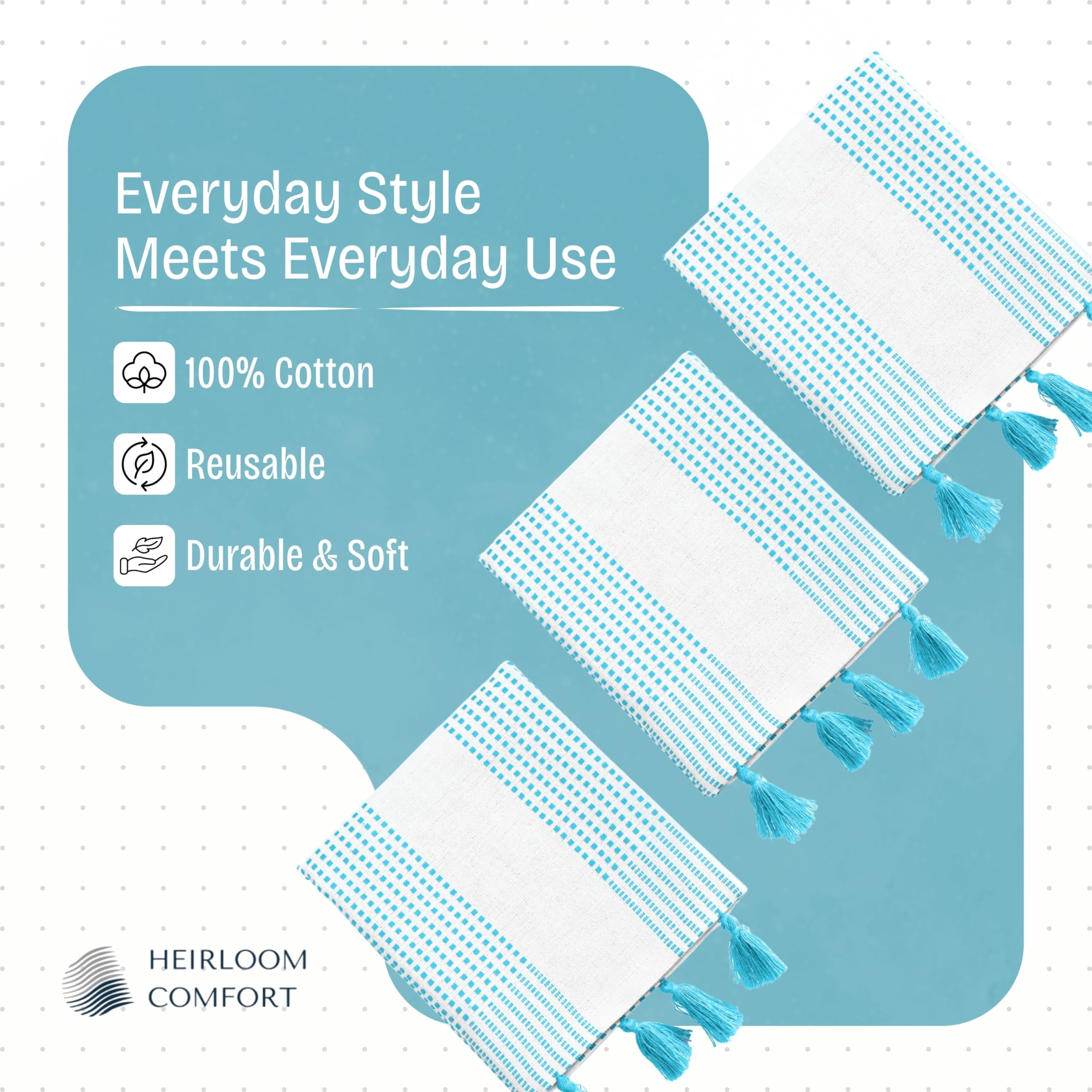 HEIRLOOM COMFORT Aqua Blue Decorative Dotted Kitchen Towels 16x26 Inch, 3 Pack, Super Absorbent, Soft, 100% Cotton Dish Towels with Tassels, Quick-Dry Dishcloths for Everyday Use and Cleaning Dishes