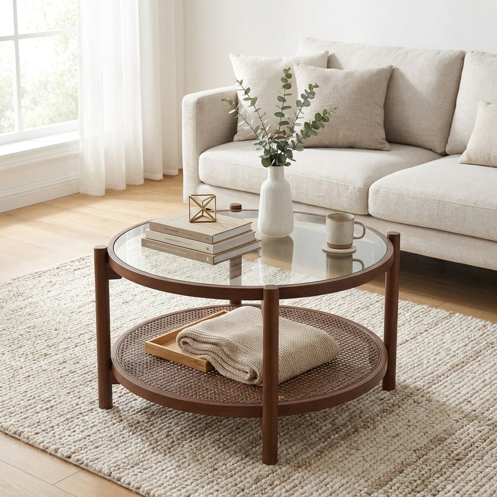 Furnibear 31 Inch 2 Tier Round Coffee Table with Tempered Glass Top and Hand Woven Rattan Shelf a Solid Wood Living Room Center Table, Cherry