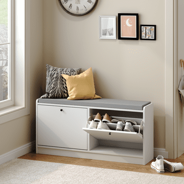Hassch Shoe Storage Bench with 2 Flip Drawers, Entryway Bench with Padded Seat Cushion, 9.45" D x 39.76" W x 18.9" H, for Entryway, Living Room, Bedroom, White