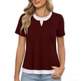 thumbnail image 2 of Babysbule Women's Solid Color Notched V-Neck Short Sleeve T-Shirt Fake Two-Piece Layered Casual Loose Fit Top for Spring Summer Daily Wear, 2 of 6