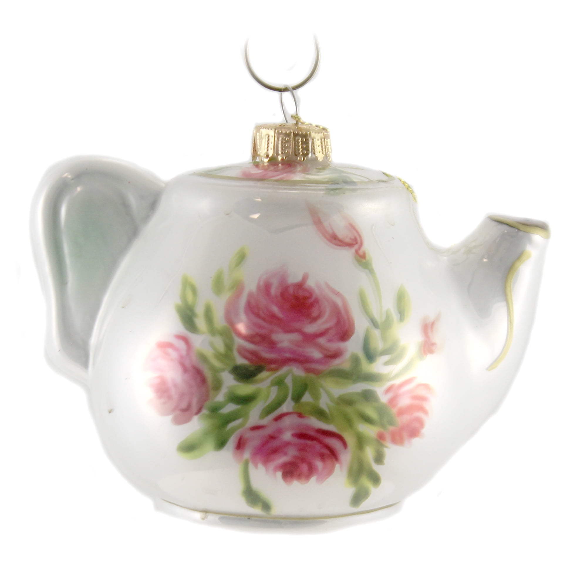 Holiday Ornament Floral Teapot Glass Christmas Flower Roses 50714